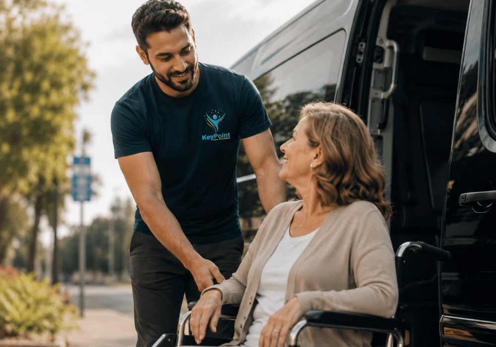 Support worker assisting a woman using a wheelchair beside a vehicle