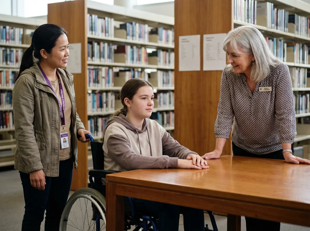 Participant and support worker at a library