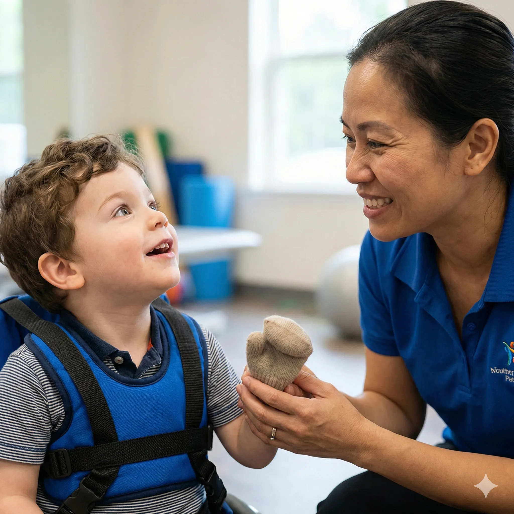 Child receiving assistance from a support worker
