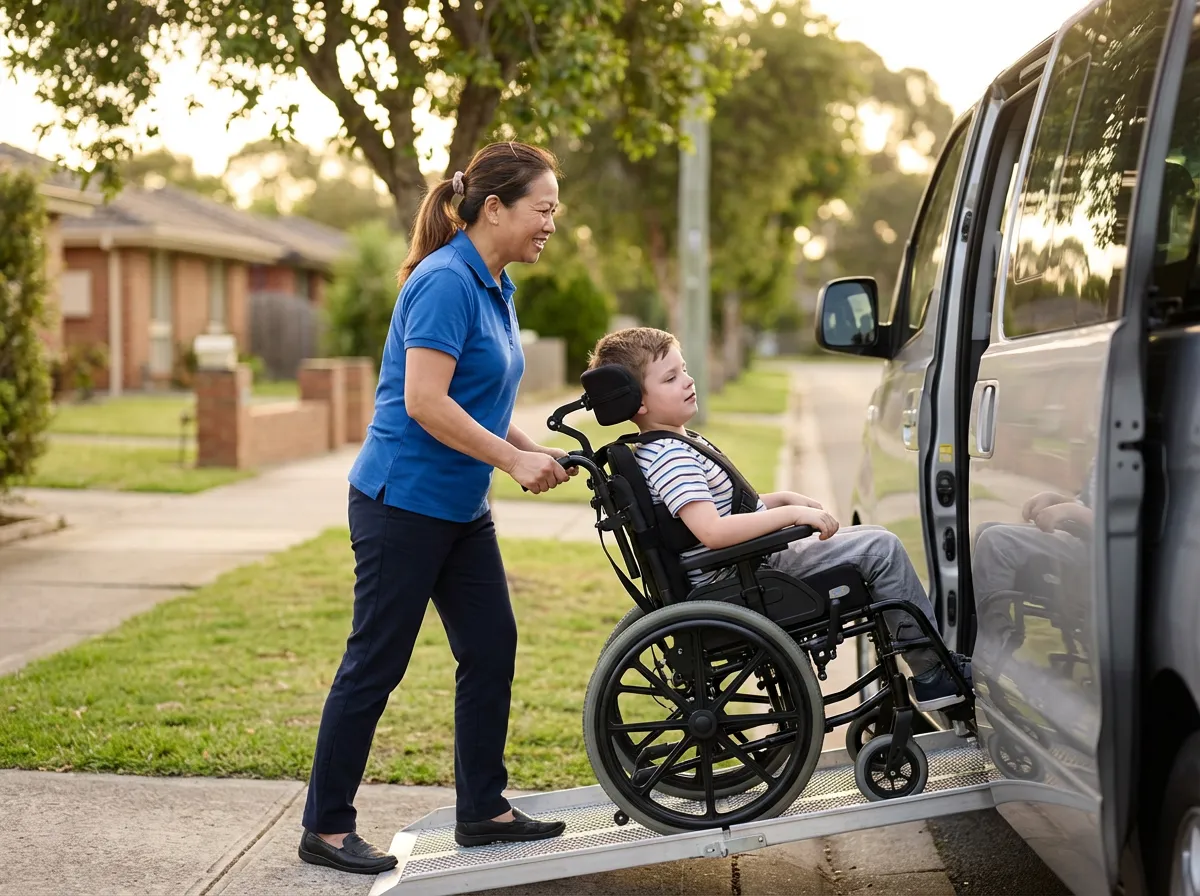 Support worker guiding a child in a wheelchair towards an accessible vehicle