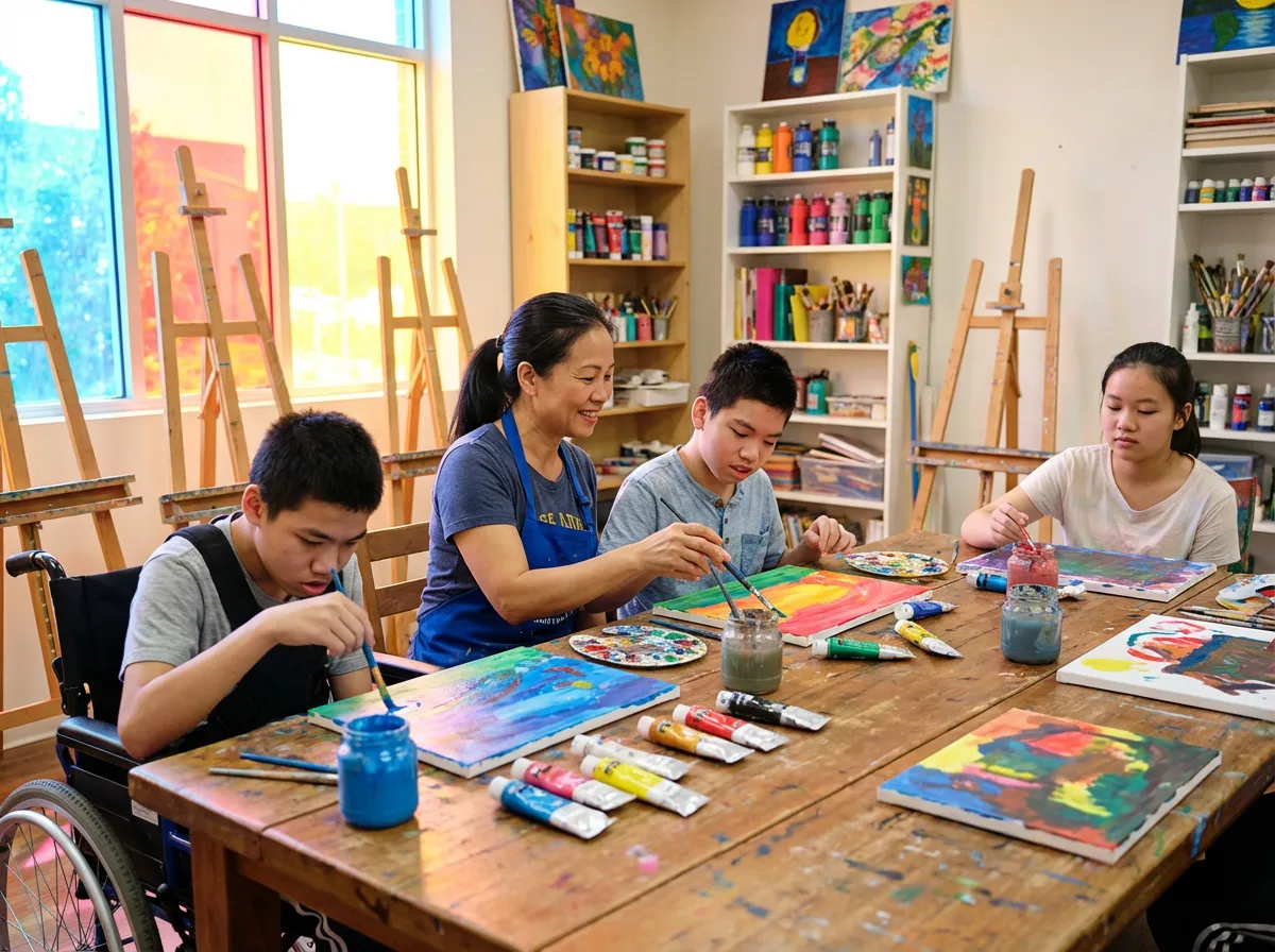 Children taking part in a supported community art activity